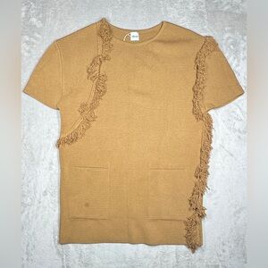 NWT Akep Italian Wool Blend Knit Fringe Boho Tan Brown Boxy Tunic Top 40 US S